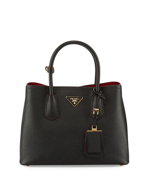 prada double bag tote saffiano cuir with accessories small nero|prada galleria saffiano small.